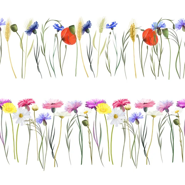 Bezešvé Květinové Okraje Akvarelových Luk Rostlin Mák Chrpy Pšenice Jiné — Stock fotografie