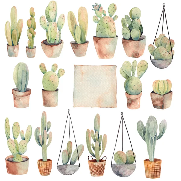 Set Van Aquarel Cactussen Een Pot Opknoping Kamerplanten Illustratie Een — Stockfoto