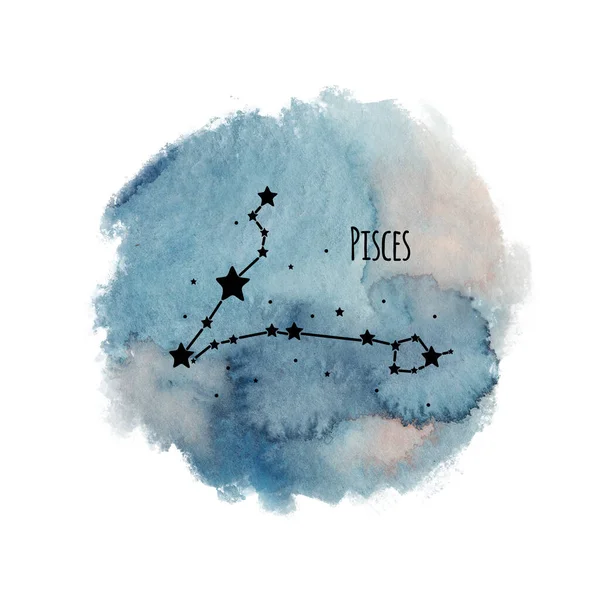 双鱼座黄道带星座在水彩斑斓的背景上与白色 星相分离 蓝色天空中的黑色星座 — 图库照片