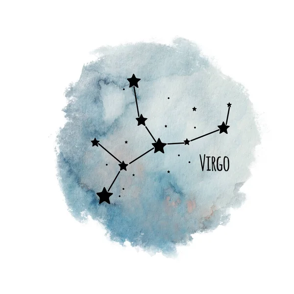 处女座黄道带星座在水彩画的背景上与白色 星相分离 蓝色天空中的黑色星座 — 图库照片