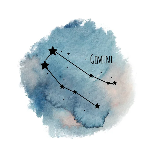 水彩画を背景にしたジェミニ黄道星座白い星占い文字青い空に黒い星座 — ストック写真