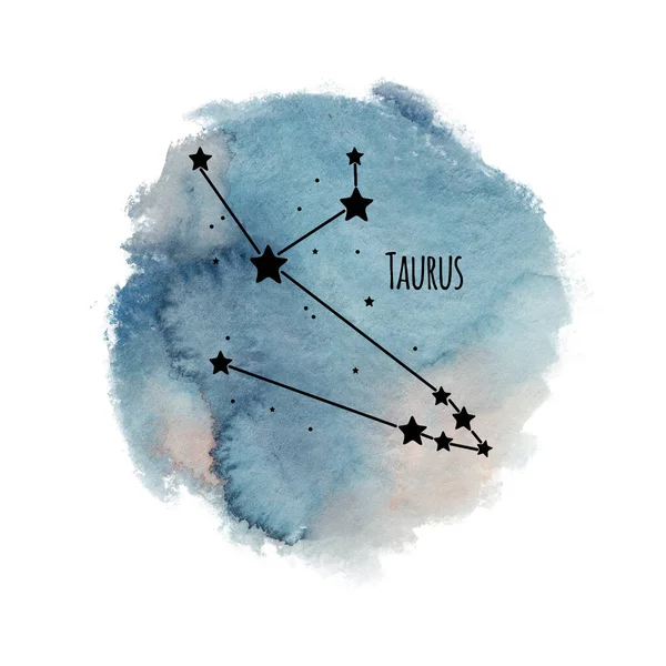 金牛座黄道带星座在水彩画的背景上独立于白色星座 星相星座 蓝色天空中的黑色星座 — 图库照片