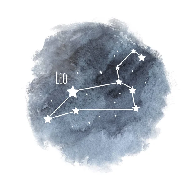 狮子座黄道带星座在水彩画的背景上与白色 星相分离 在黑暗的天空中与白色星座分离 — 图库照片