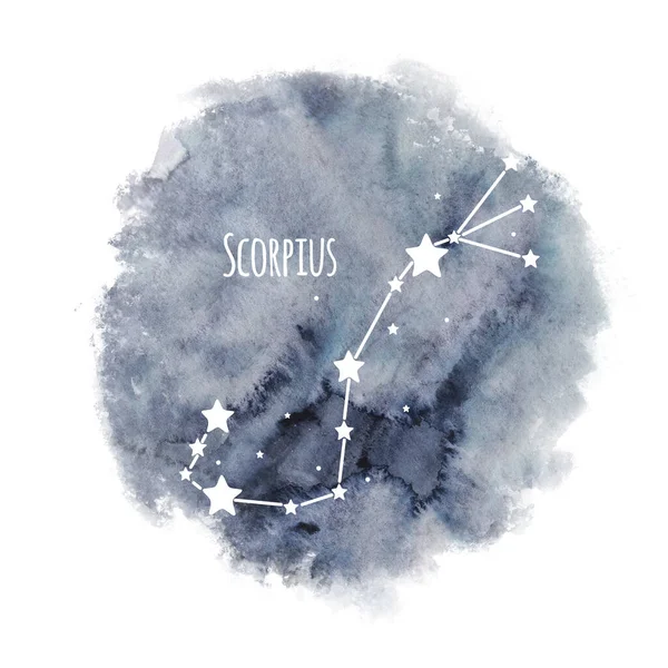 天蝎座黄道带星座在水彩画的背景上与白色 星相分离 在黑暗的天空中与白色星座分离 — 图库照片