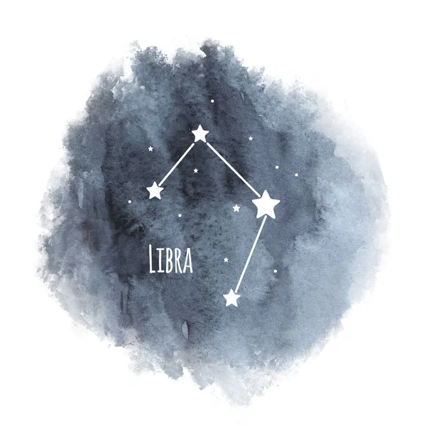 天秤座黄道带星座在水彩斑斓的背景上与白色 星相分离 在黑暗的天空中与白色星座分离 — 图库照片