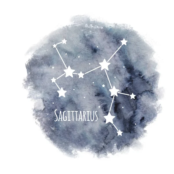 射手座黄道带星座在水彩画的背景上与白色 星相分离 在黑暗的天空中与白色星座分离 — 图库照片