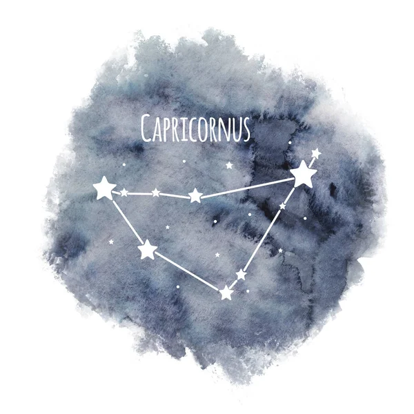 摩羯座黄道带星座在水彩画的背景上 与白色 星相分离 在黑暗的天空中与白色星座分离 — 图库照片