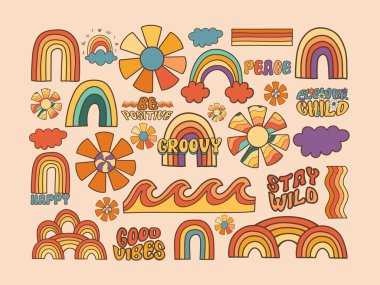 Retro groovy eleman vektörü seti; hippi, çiçek, gökkuşağı, barış, mutlu, papatya; modaya uygun psikedelik çizgi film biçimi