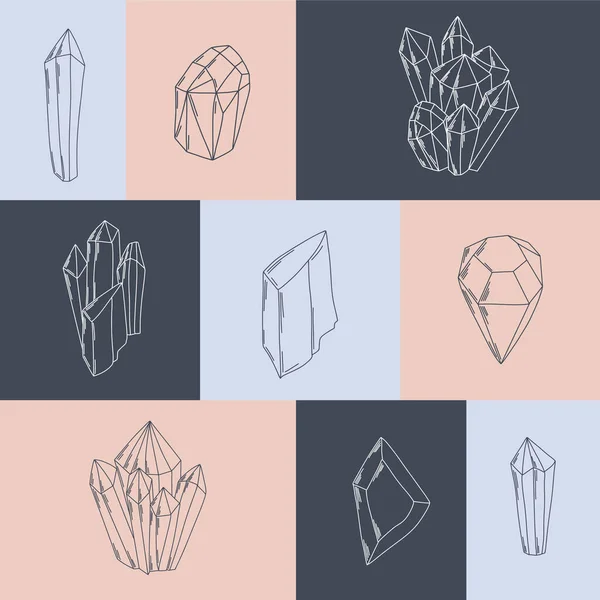 Set Vettoriale Illustrazioni Cristallo Stile Lineare Minimale Gemme Cristalli Disegnati — Vettoriale Stock