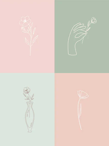 Zestaw Wektorowych Ilustracji Botanicznych Minimalnym Stylu Liniowym Ręcznie Rysowane Eleganckie — Wektor stockowy