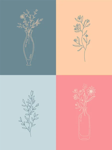 Conjunto Vectorial Ilustraciones Botánicas Estilo Lineal Minimalista Flores Silvestres Elegantes — Vector de stock