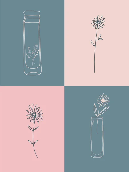 矢量植物插图集 最小线性风格 手绘典雅野花和老式玻璃瓶 最小花线画 预制艺术海报 — 图库矢量图片