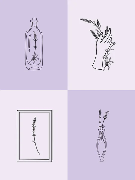最小限の線形スタイルで植物イラストのベクトルセット ラベンダーの花のイラストセット ミニマルな現代の花のロゴ 既製のアートポスター — ストックベクタ