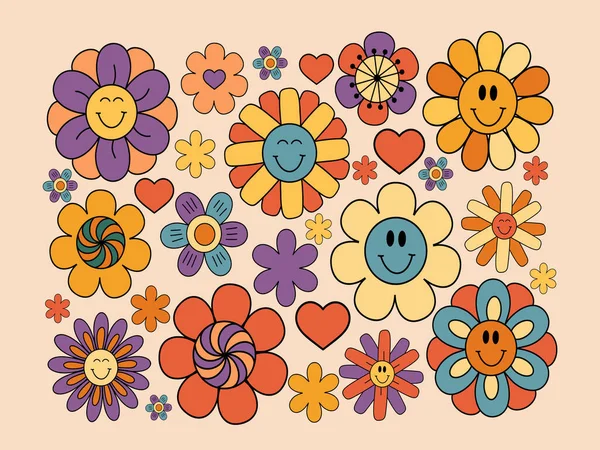 Groovy Blumen Retro Blumen Mit Lächelndem Gesicht Hippie Blumencliparts Vektorillustration — Stockvektor