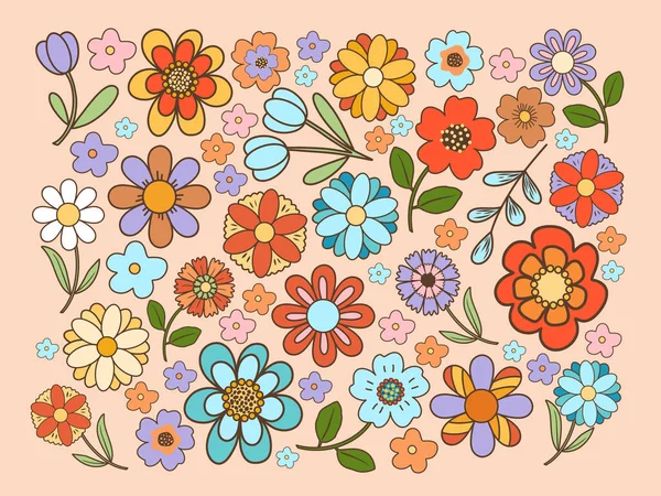 Groovy Blumen Vektor Set Retro Wildblumen Cliparts Vektorillustration — Stockvektor