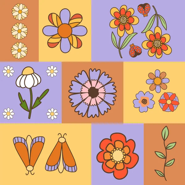 带有复古花卉的预制海报 带有艳丽多彩的复古花卉元素 蛾和雌虫的向量集 — 图库矢量图片