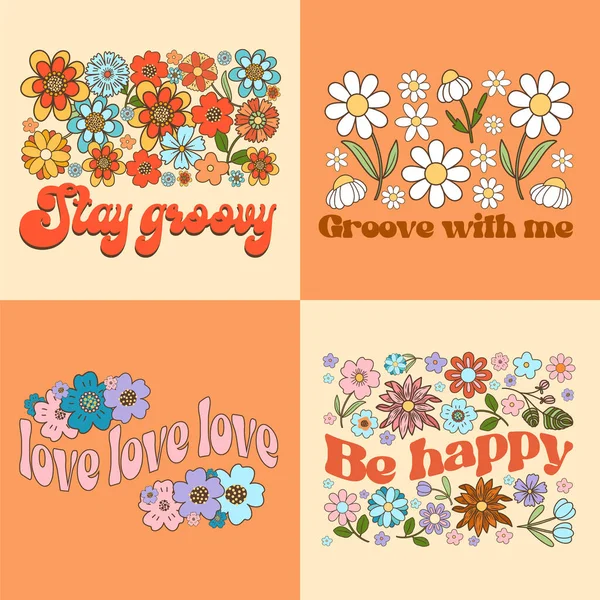 stock vector Vector set with groovy floral retro compositions, vector illustrations