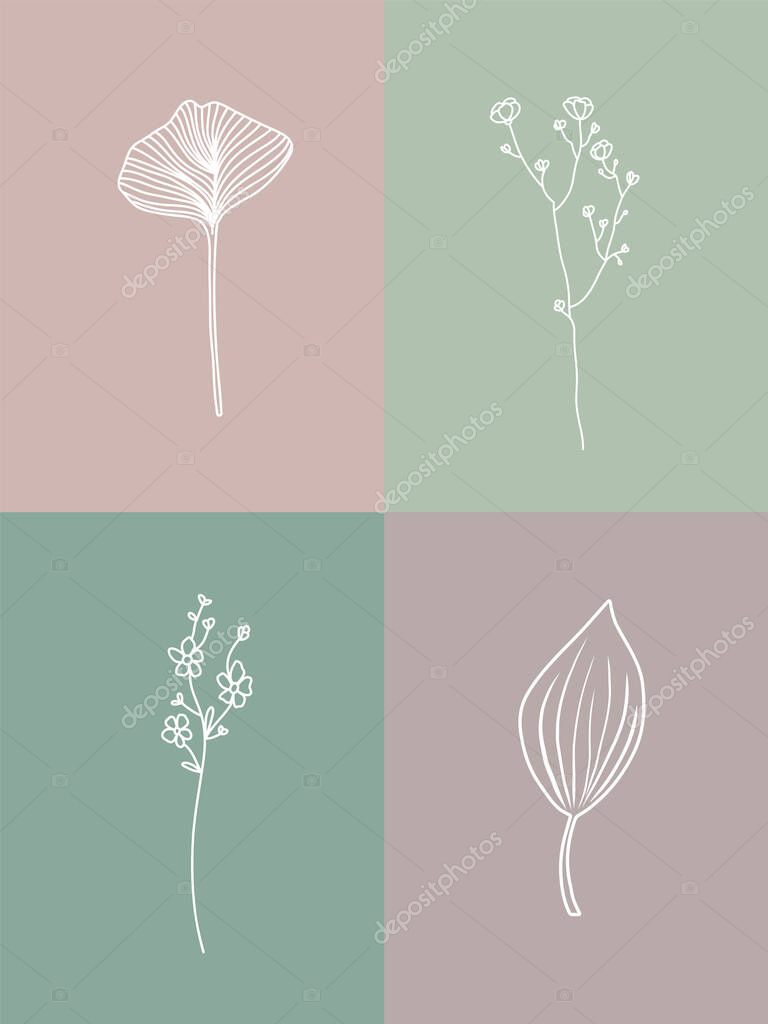 Vector set of botanical illustrations in minimal linear style, hand drawn elegant wildflowers, minimal floral line art drawing, pre-made art poster