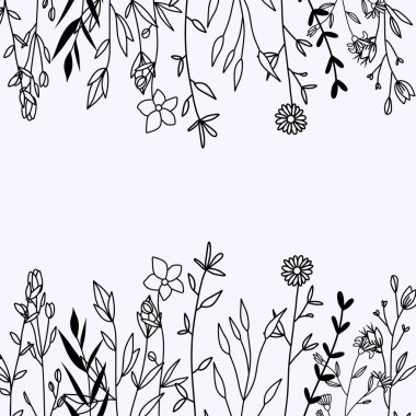 Çiçek vektör kartı, davetiye ve tebrik kartı şablonu, el çizimi kır çiçekleri