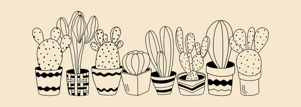 Kaktusové Rostliny Květináčích Ručně Kreslené Vektorové Znázornění Rostlin Domácnostech Izolované — Stockový vektor