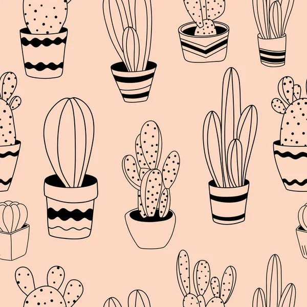 Patrón Sin Costura Plantas Cactus Macetas Ilustración Vectorial Plantas Interior — Archivo Imágenes Vectoriales