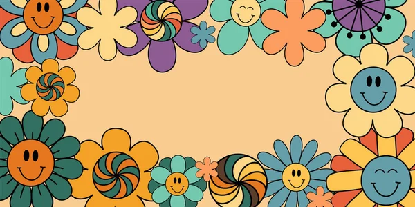 Floraler Vektorhintergrund Einladungs Und Grußkartenvorlage Groovigen Retro Stil Handgezeichnete Lustige — Stockvektor