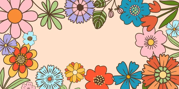 Floraler Vektorhintergrund Einladungs Und Grußkartenvorlage Groovigen Retro Stil Handgezeichnete Retro — Stockvektor