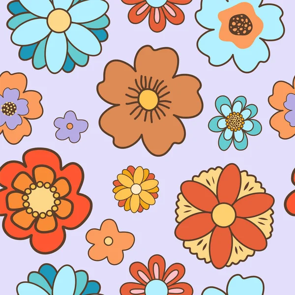 Floral Vector Seamless Pattern Groovy Retro Style Hand Drawn Colorful — Stock Vector