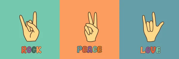 Vector Set Groovy Retro Symbols Rock Peace Love Pre Made — Stock Vector