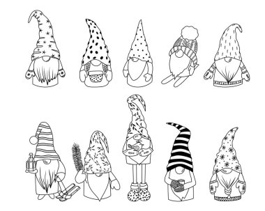 Bir grup vektör İskandinav orman cüceleri, Noel kış cüceleri iklimi, izole vektör illüstrasyonu