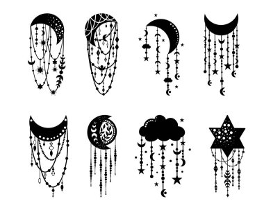 Mistik boho ayı, yıldız ve bulut koleksiyonu, gök kulesi, el çizimi sanat mistik izole semboller, sihirli illüstrasyon
