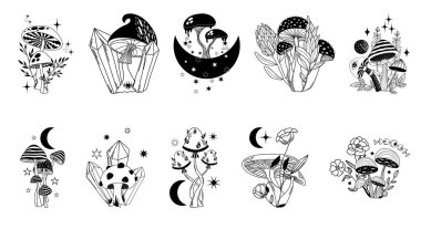 Mistik boho mantarları vektör seti, ay, yıldızlar ve kristallerle sihirli fantezi mantarı, cadılık sembolü, gizemli esrarengiz nesneler, mistik çiçek elementleri.