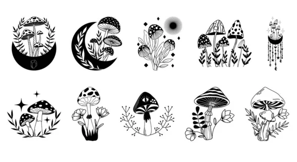 Ensemble Vectoriel Mystique Champignons Boho Champignon Magique Fantaisie Avec Lune — Image vectorielle