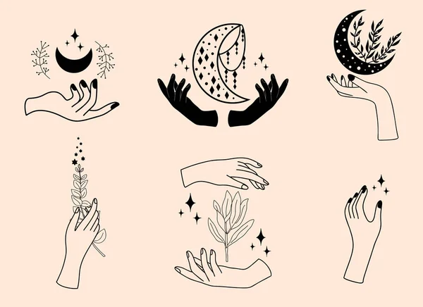 Conjunto Ilustrações Místicas Objetos Mágicos Mãos Bruxas Femininas Com Lua —  Vetores de Stock
