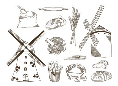 Fırın elementlerinin vektör el çizimi (yel değirmenleri, tahıl çuvalı, ekmek, baget sepeti, un, buğday çivileri) mürekkep çizim stili çizim seti