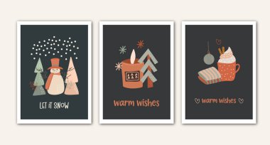 Kış tatilleri için Noel kartı seti, rahat ev unsurları, kardan adam ve Noel ağaçları, el yapımı vektör illüstrasyonu, sıcak dilekler ve kar harfleri.