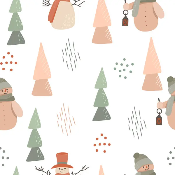 Padrão Sem Costura Inverno Boneco Neve Elementos Abstratos Árvores Natal —  Vetores de Stock
