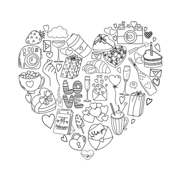 Illustrazione Romantica San Valentino Cuore Elementi Disegnati Mano Stile Doodle — Vettoriale Stock