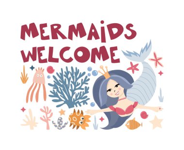 Deniz yosunları, mercanlar ve deniz yaratıklarının arasında deniz kızı ile önceden hazırlanmış bir kompozisyon. Denizkızları, posterler, kartlar, tekstil baskıları için vektör el çizimleri, deniz kızları hakkındaki mektupları memnuniyetle karşılar.