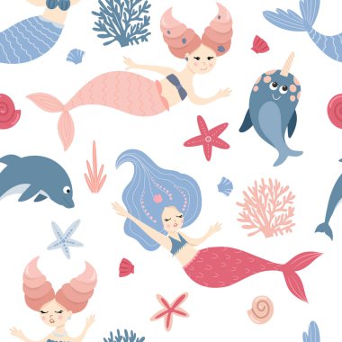 Şirin denizkızlarının kusursuz deseni, deniz yaratıkları, yosun ve mercanlar, düz stil vektör çizimleri, karikatür tekstil süsü.