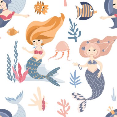 Şirin denizkızlarının kusursuz deseni, deniz yaratıkları, yosun ve mercanlar, düz stil vektör çizimleri, karikatür tekstil süsü.