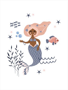 Deniz altında, deniz yosunları ve balıkların arasında sevimli bir deniz kızı.