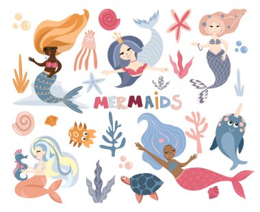 Set of swimming cute mermaids, sea plant, marine animals, corals and seaweed, vector hand drawn illustration