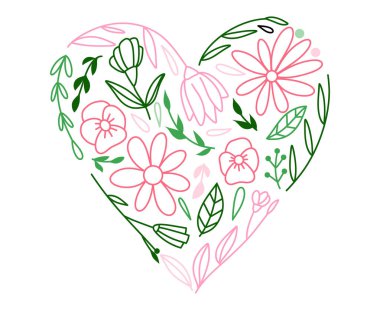 Line art floral heart for greeting or love cards, vector illustration for Valentine's Day and Mother's Day