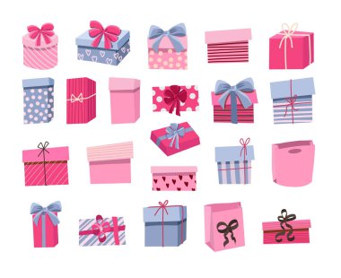 Set of gift boxes with bows and craft packaging in pink and purple shadows, paper boxes with ribbon isolated on white background, flat vector holiday clip art