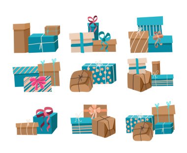 Set of gift boxes with bows and craft packaging in brown and teal shadows, paper boxes with ribbon isolated on white background, flat vector holiday clip art