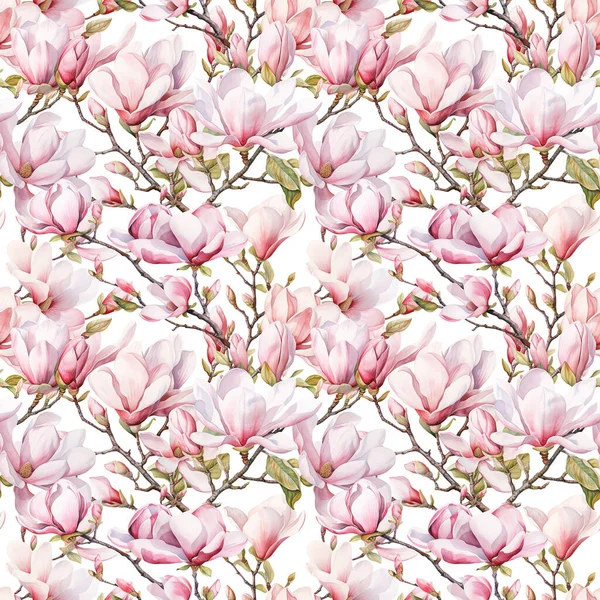 Modello Senza Soluzione Continuità Acquerello Primavera Fioritura Magnolia Rami Albero — Foto Stock