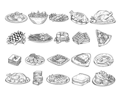 Elle çizilmiş mutfak yemekleri çizimi (lazanya, biftek, hindi, pizza, Belçika waffleları, khachapuri, brownie, balık bifteği, köfte vs.), vektör çizimi yiyeceklerin izole edilmiş çizimi