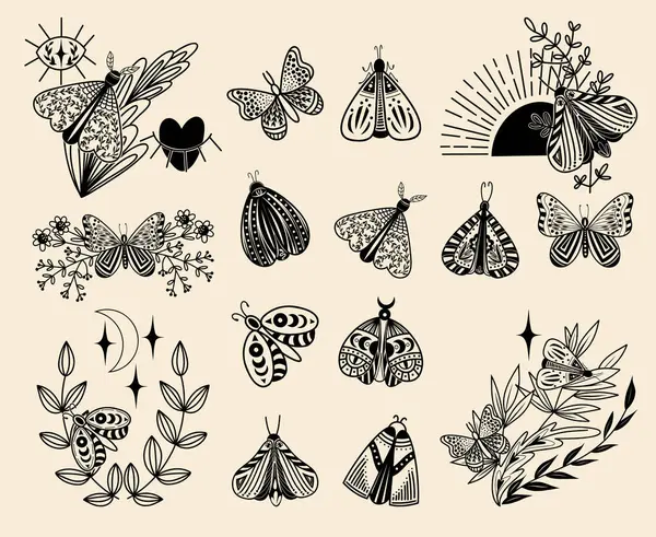 Set Mystical Celestial Moths Flowers Branches Vector Floral Fauna Illustration — Stock Vector