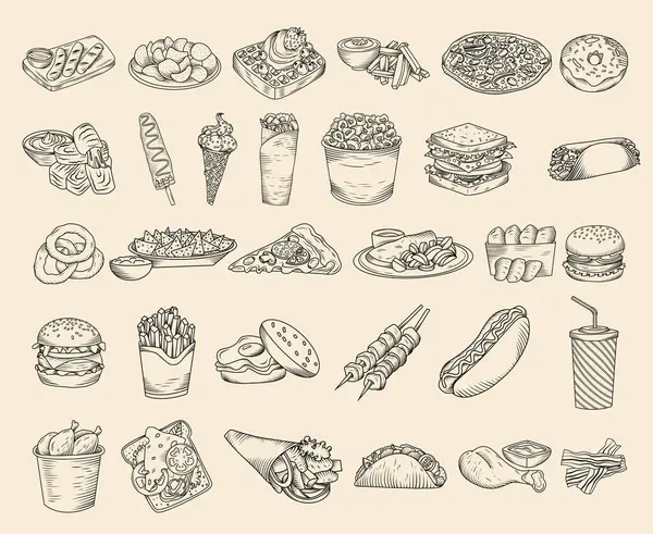 Sada Ručně Kreslených Rychlého Občerstvení Ilustrace Hranolky Pizza Taco Hamburger — Stockový vektor